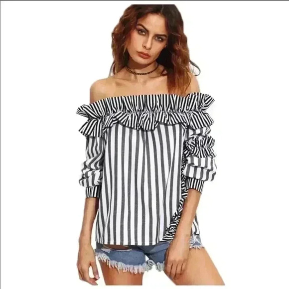 Mixed Stripe Ruffle Off The Shoulder Top - Picture 1 of 6